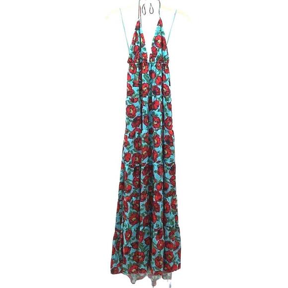 $440 NWT Alice + Olivia Beach Aqua Floral Mae Tiered Midi Maxi Dress Size 0 XS - Picture 3 of 8